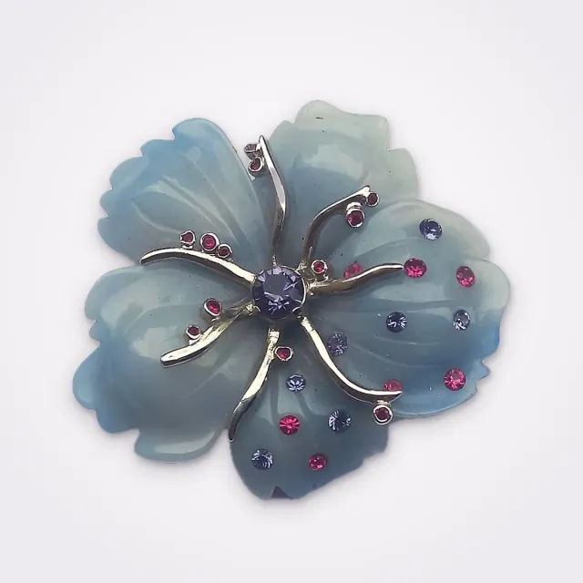 Eyecatching Vintage Silver Tone Flower Brooch Made From Baby Blue Acrylic And Adorned With Purple & Fuchsia Rhinestones