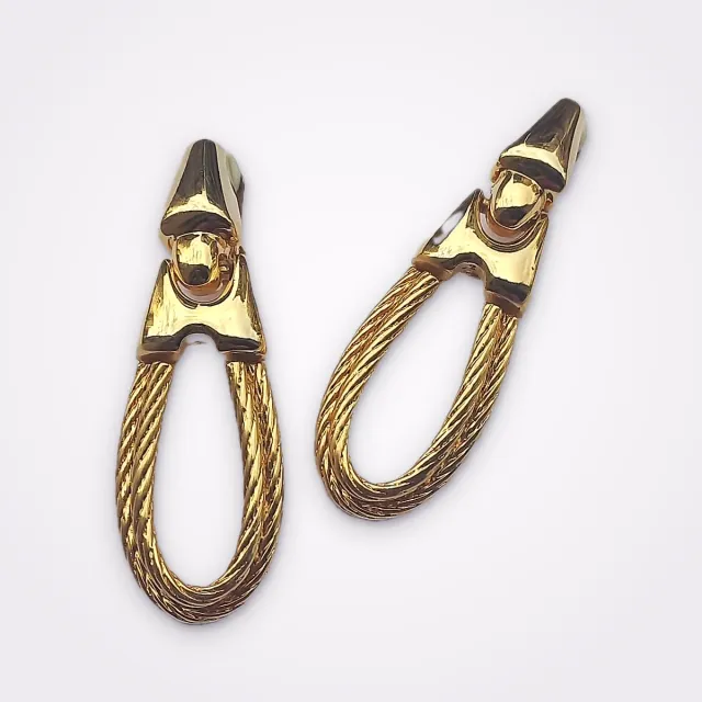 Vintage 80s Gold Tone Clip On Door Knocker Earrings With An Oval Twisted Cable And A Polished Decorative Top