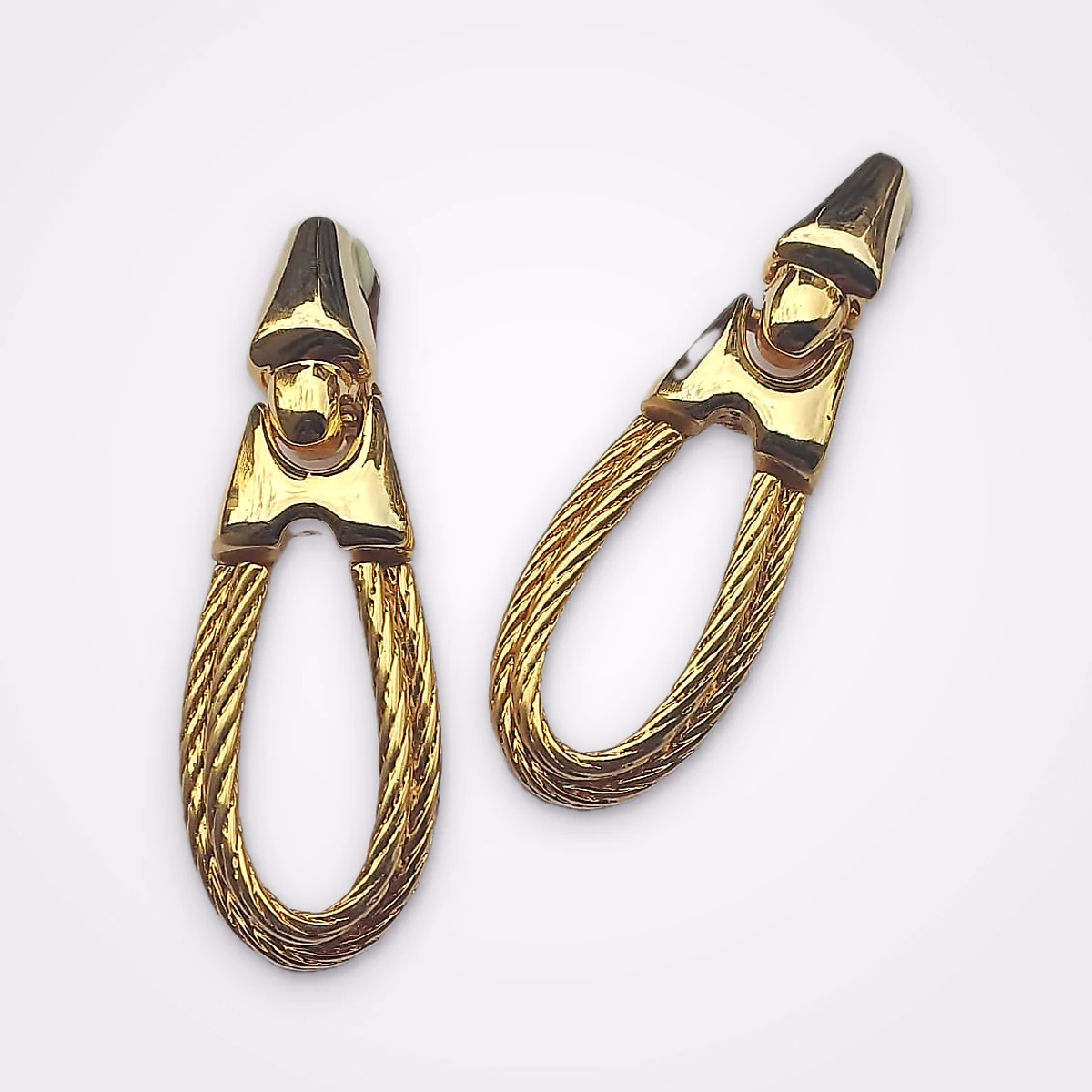 Vintage 80s Gold Tone Clip On Door Knocker Earrings With An Oval Twisted Cable And A Polished Decorative Top