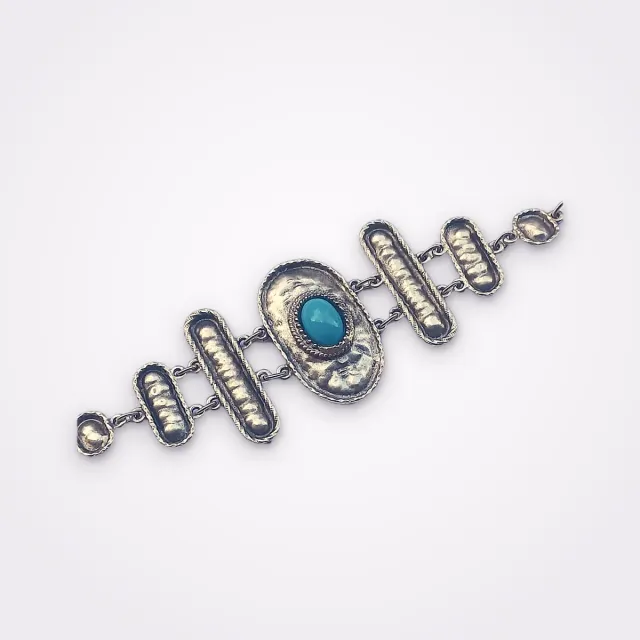 Silver Plated Tribal Bracelet With Geometrical Links And A Central Turquoise Stone