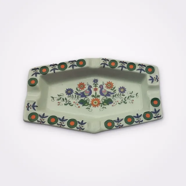 Vintage 70s Porcelain Ashtray Featuring Handpainted Birds And Flowers And Bordered With Geometrical Pattern In Green, Blue And Orange Colors