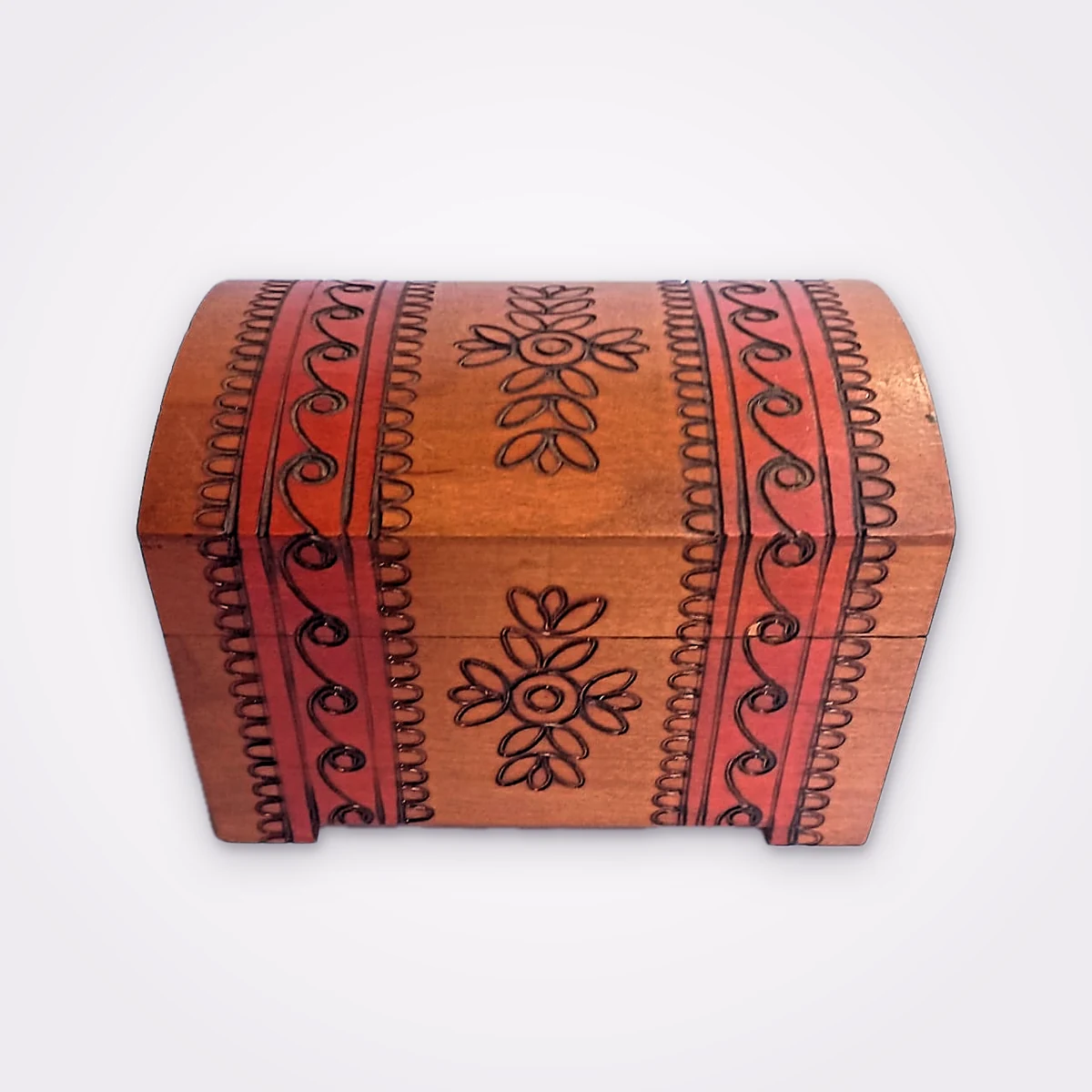 Vintage Handcrafted Wooden Trinket Or Jewelry Box Featuring Polish Folk Art In Carved Floral Pattern