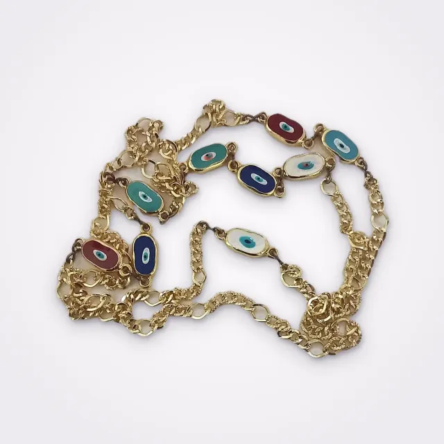 Gold Tone Sautoir With Chain Links And Multiple Evil Eye Links In Red, White, Dark Blue & Turquoise Enamel