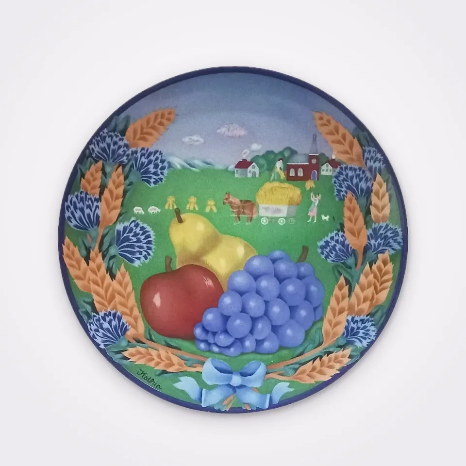 Vintage Decorative Porcelain Plate Named “Danken & Helfen” Made By Kathia Berger In 1982, Featuring Fruits, Wheat Ears And Rural Harvest