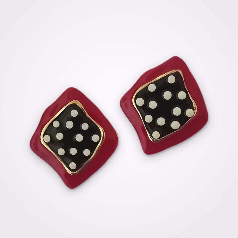 Vintage Statement Gold Tone Clip On Rhombus Earrings With The Iconic Polka Dot Details In White, Black And Red Enamel